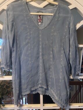 Johnny Was Powder Blue Eyelet Embroidered V-Neck Tunic